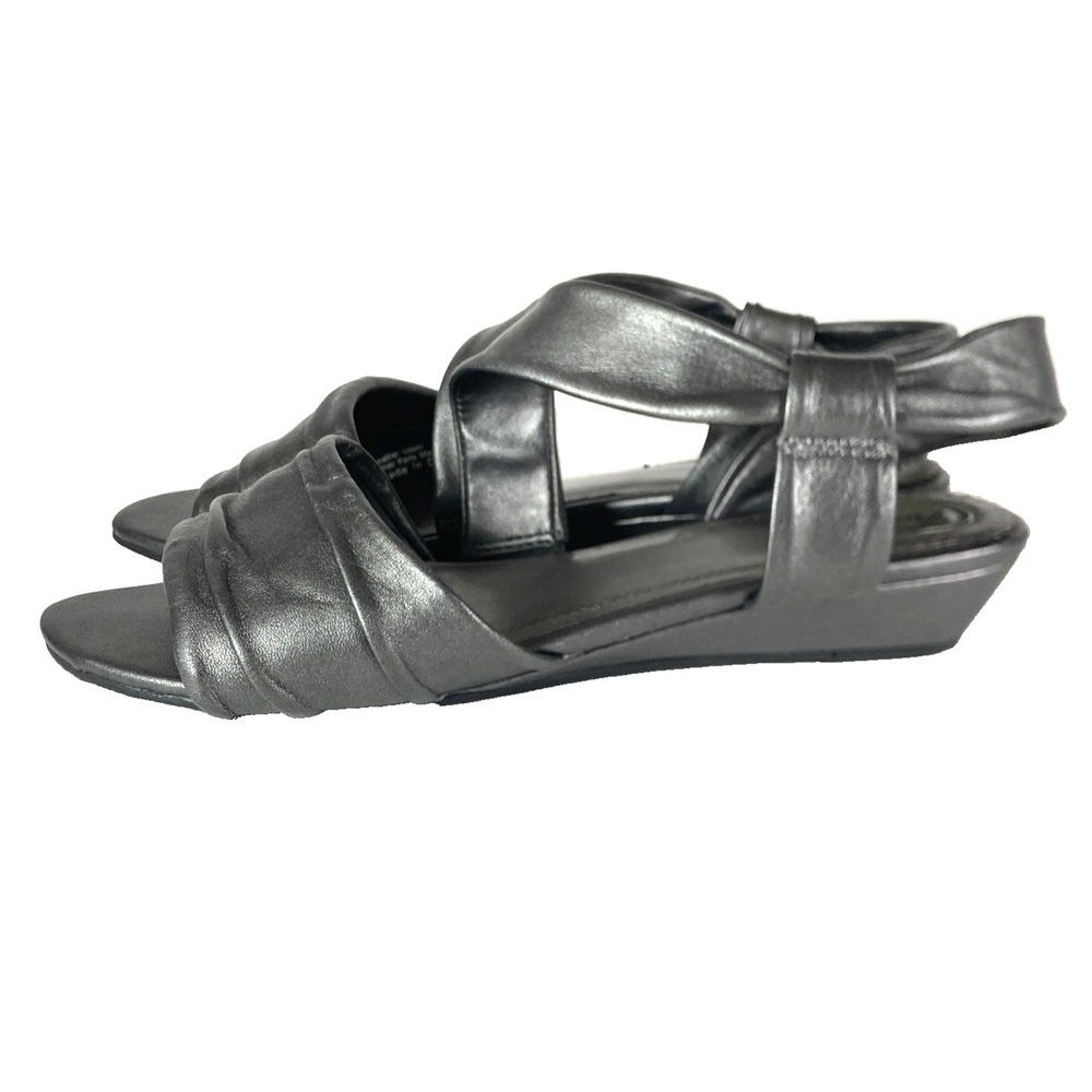 Trotters Leather Slingback Open Toe Low Wedge Leather Strap Sandals Women 9 Gray